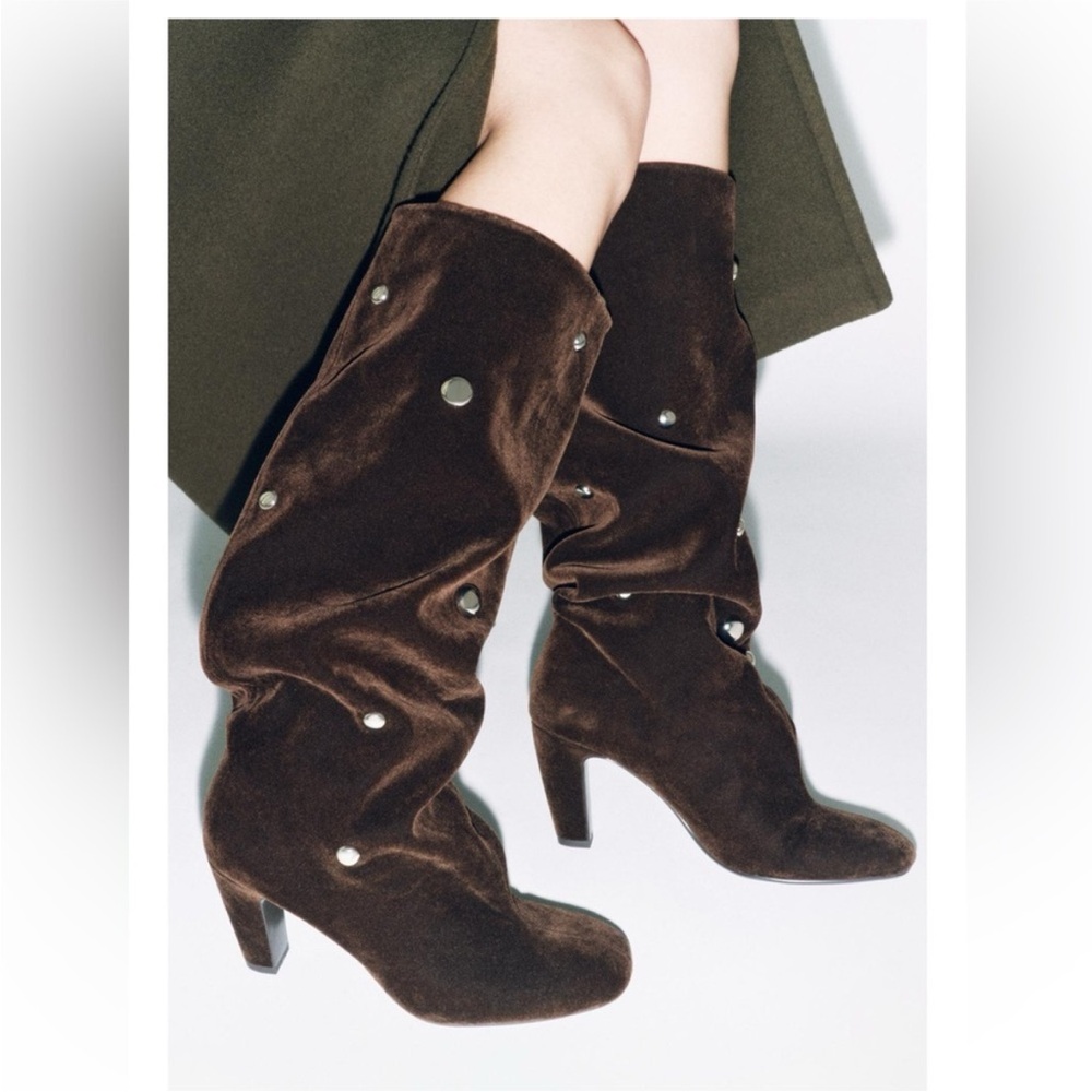 ZARA VELVET LOOK STUDDED BOOTS